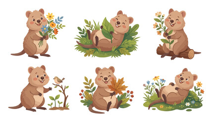 Fototapeta premium A charming collection of cute cartoon quokkas depicted in various joyful daily activities, enjoying nature's beauty from holding wildflowers to relaxing in lush green grass and autumn leaves