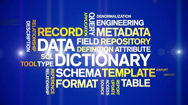 Data Dictionary animated word cloud-text design animation tag kinetic typography seamless loop.