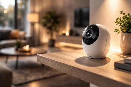 Modern white smart home security camera on wooden shelf in cozy warmly lit living room with plants and minimalist decor