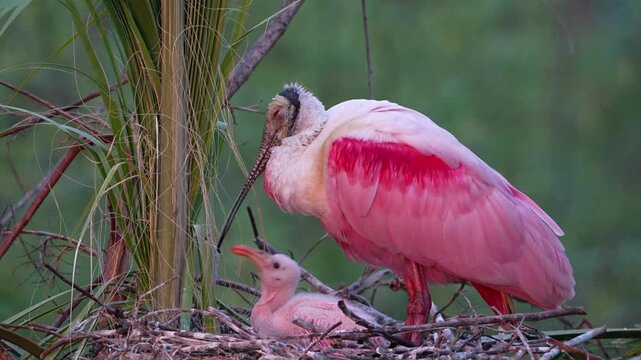Baby roseate spoonbill chicks in the nest begging for food at sunset time
