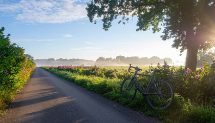 Obraz premium Bicycle rests on rural road surrounded by lush greenery and wildflowers under clear blue sky