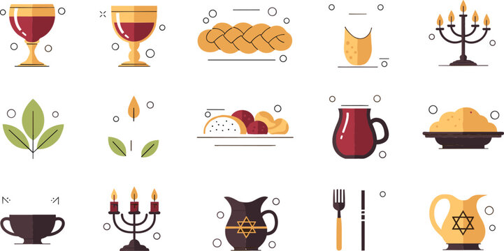 Jewish holiday food and ritual icons set with challah wine menorah and Star of David symbols, faith tradition vector illustration collection