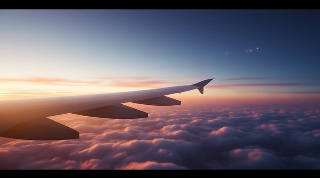 Airplane wing soaring above a sea of pink and orange clouds during a beautiful sunset flight.