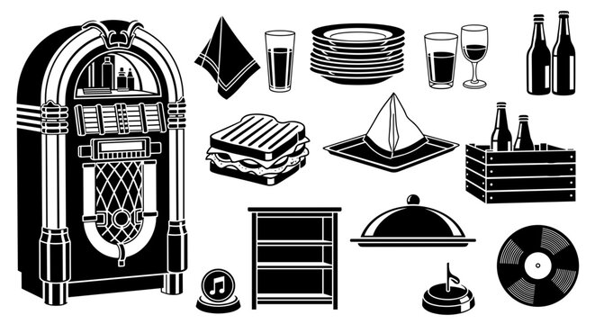 Retro diner icons collection jukebox food drinks vinyl record and serving items for vintage cafe or restaurant design