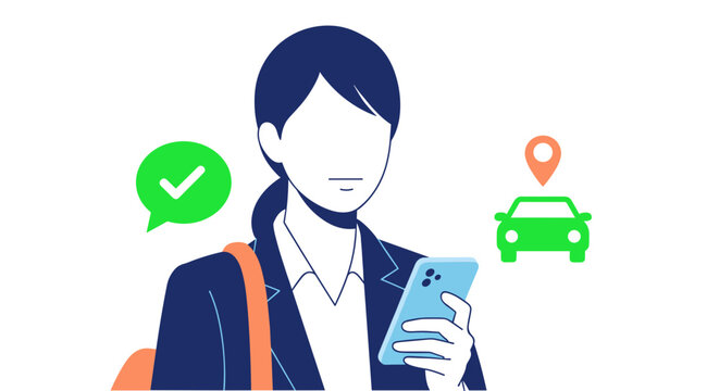 Woman using mobile app for ride sharing service with car icon map pin and confirmation checkmark illustrating modern