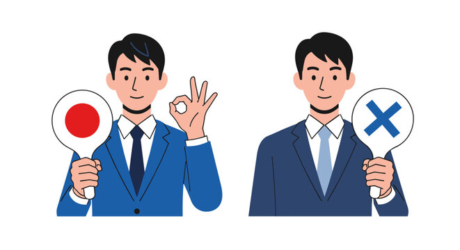 Businessmen showing approval and disapproval with signs and hand gestures representing correct and incorrect choices