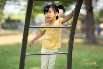 Fototapeta premium children in a park on a playground on summer day. children's playground in a public park, entertainment and recreation for children, holiday, IQ, EQ, Relax, Development