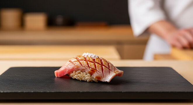 Elegant piece of seared aburi nigiri sushi with sea salt on a black slate plate