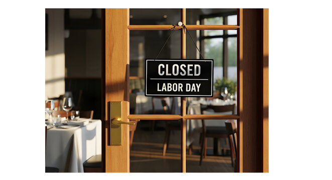 A restaurant door with a closed labor day sign on the window