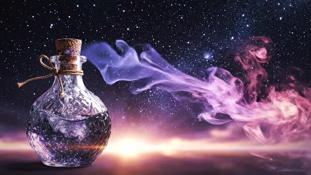 Glass bottle with purple smoke coming out.