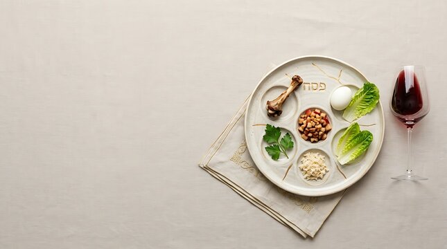 A Top‑Down View of a Seder Plate Arranged on a White Napkin with Red Wine Glass, Highlighting Charoset, Roasted Bone, Egg, Parsley, Horseradish in a Warm Beige Setting