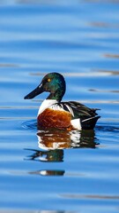 Obraz premium A duck swims on calm water with vibrant feathers