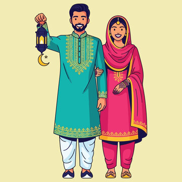 Happy Pakistani couple in traditional shalwar kameez holding lantern with crescent moon.