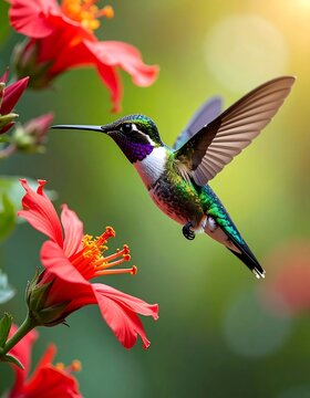 A hummingbird hovers beside vibrant flowers in a blurred green setting