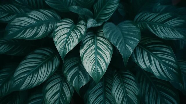 Close-up of lush, green leaves with white vein patterns, creating a layered effect. The moody lighting enhances details
