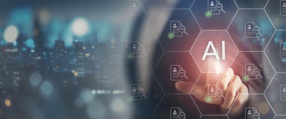 AI powered recruitment and automated hiring process. Selecting AI interface with CV icons. Automated recruitment process, smart hiring system and talent selection using artificial intelligence.