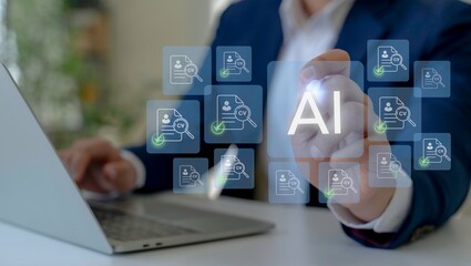 AI powered recruitment and automated hiring process. Selecting AI interface with CV icons. Automated recruitment process, smart hiring system and talent selection using artificial intelligence.