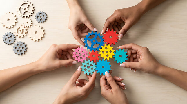 Four people are working together to assemble a colorful gear system on a table with additional gears scattered nearby