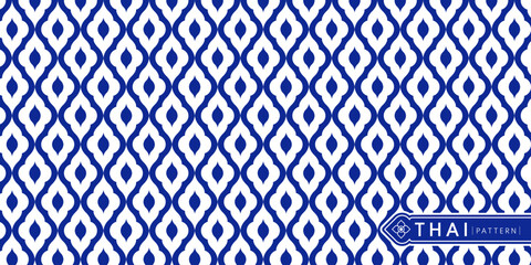 Blue Thai geometric ceramic pattern. Traditional Thai seamless pattern featuring flowing Thailand-inspired geometric shapes in deep blue on a light background.