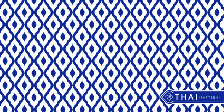 Blue Thai geometric ceramic pattern. Traditional Thai seamless pattern featuring flowing Thailand-inspired geometric shapes in deep blue on a light background.