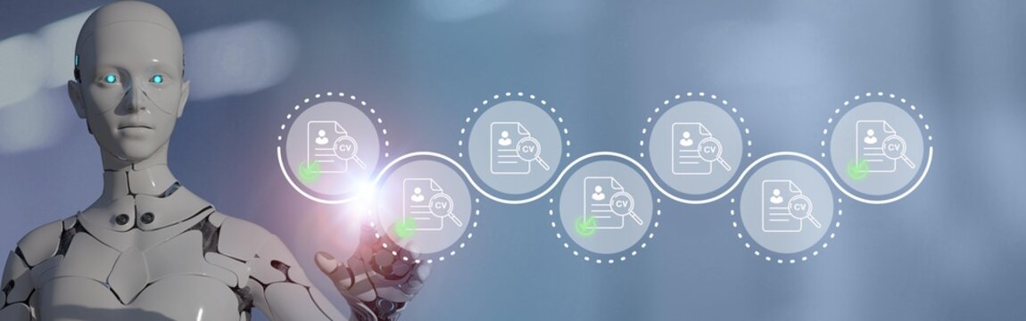 AI driven recruitment workflow and smart candidate screening. Robot analyzing CV workflow. AI driven recruitment process, automated resume screening, talent selection, digital hiring transformation.