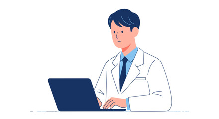 Fototapeta premium Professional male doctor in white lab coat typing on modern laptop computer focused on digital work at desk modern