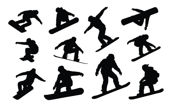 Snowboarders in various poses and movements on snowboards black silhouettes on white background dynamic winter sports illustrations