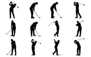 Naklejka premium Golfers in various swing positions silhouette illustrations of people playing golf on white background