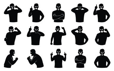 Collection of 15 black silhouette icons depicting various human gestures and expressions on white background