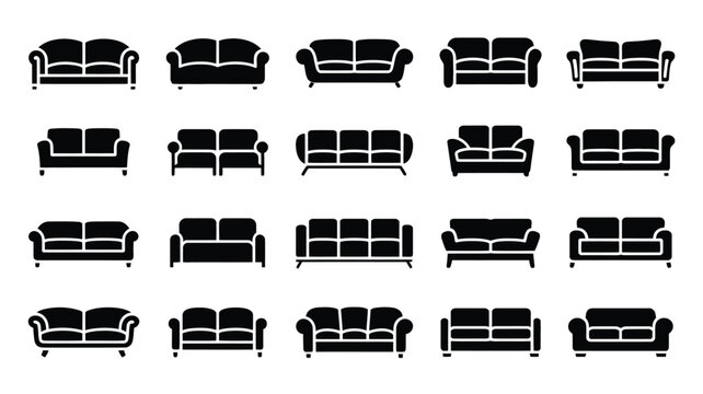 Collection of black and white sofa silhouettes in various styles and designs on plain background