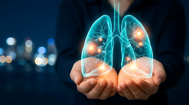 A person holds glowing lungs with inflamed areas in their cupped hands against a dark background with blurred city lights