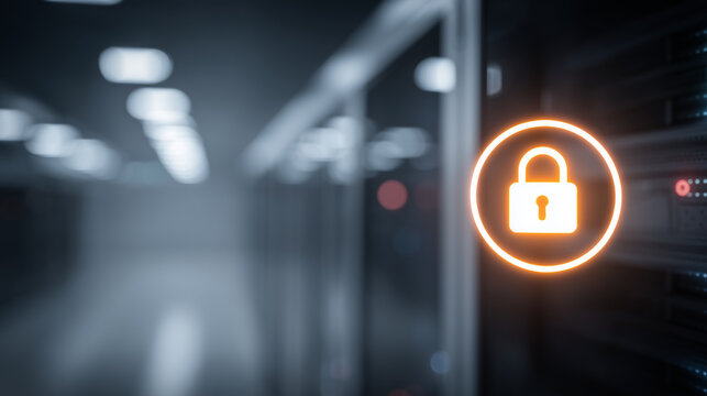Padlock icon in a server room representing infrastructure security, restricted access, and protected data center systems.
