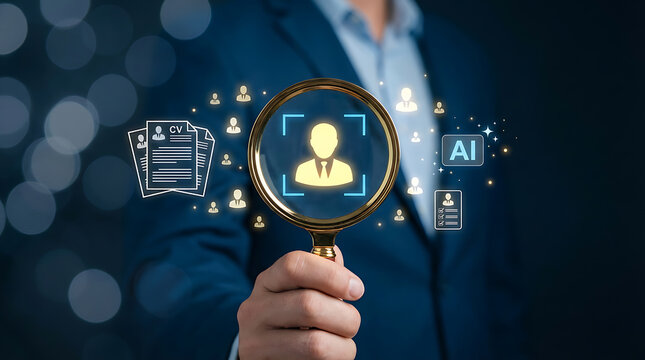 A businessman in a blue suit uses a magnifying glass to examine a glowing yellow icon of a person surrounded by AI and recruitment symbols
