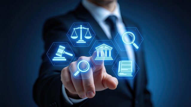 Businessman selecting legal icons with scales and gavel,online law service and compliance management,digital justice and corporate regulation technology concept