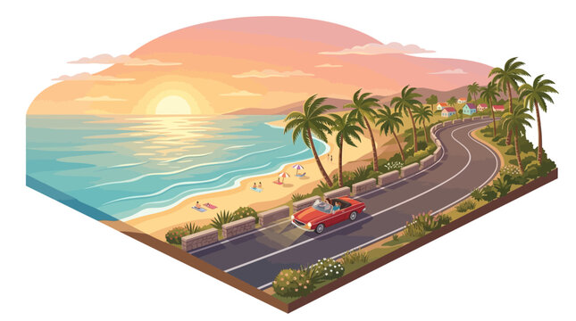 Scenic coastal road with a convertible car driving along the beach at sunset with palm trees and ocean waves