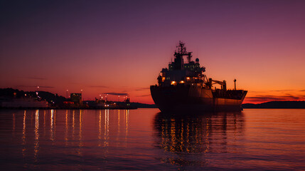 Fototapeta premium Cargo ship sailing at sunset with vibrant sky reflection