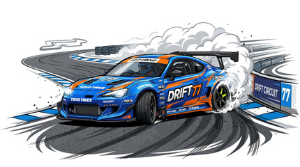 High-performance sports car executing a drift maneuver on a race track, emitting smoke © Satya