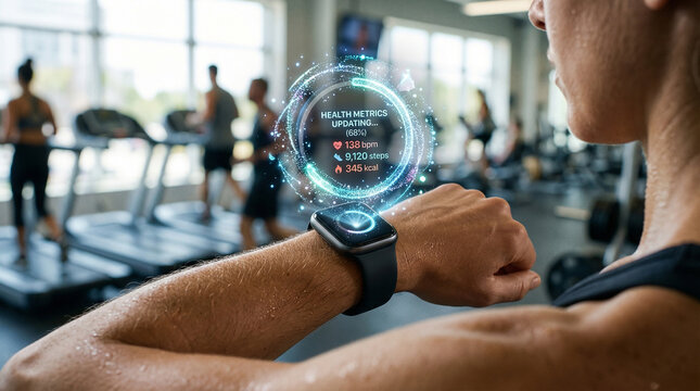 Fit young woman standing in modern gym looking at smartwatch with glowing digital holographic health and fitness data