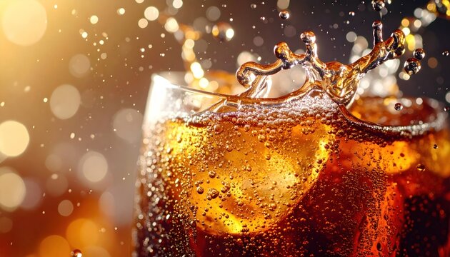 Refreshing Cola Drink with Ice Cubes and Splashing Liquid.