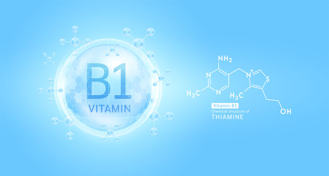 Blue vitamin B1 complex solution in hexagonal dome with molecules. Chemical structure of Thiamine. For cosmetic products ads or supplement. Medical health care skin protection. Vector EPS10.