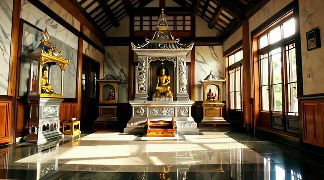 Modern Hindu Temple Interior with Golden Shrine and Serene Spiritual Ambience