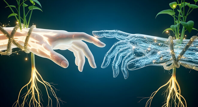 A surreal image of two hands reaching out to each other with plants growing from their wrists