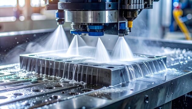 A machine cuts through a metal block with water jets in an industrial setting.