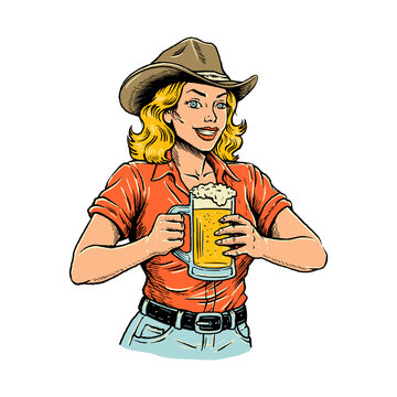 Smiling cowgirl holding beer mug retro vintage illustration
