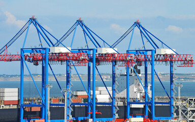 Fototapeta premium Crane loading container to cargo ship deck