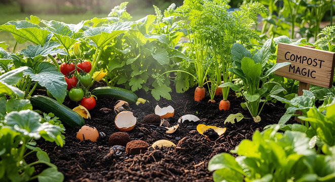 A vibrant garden with compost and various vegetables growing in the soil