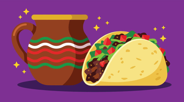 Traditional Mexican Taco and Jarrito Clay Cup Drink Vector Illustration