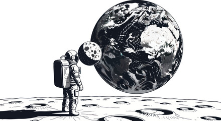 Astronaut on Moon Surface Gazing at Earth and Moon in Space © Sepeda