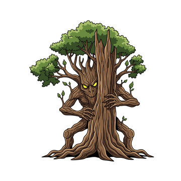 Cartoon Leshy Monster, Slavic Folklore Creature Hiding Behind Tree, Spooky Halloween Character, Vector Illustration