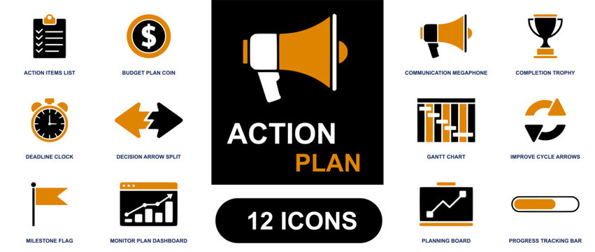 Action plan icon set. Containing checklist, budget coin, megaphone, trophy, deadline clock, arrows, gantt chart, progress bar, dashboard, milestone, planning board and more. Solid fill vector icons co